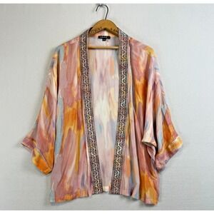 Charlie B Pastel Watercolor Kimono Cardigan Top Sz Medium‎ Embroidered Boho Trim